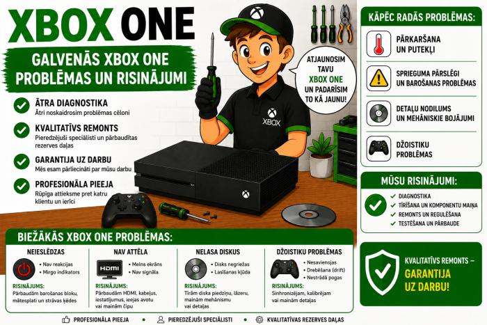 Xbox One galvenās problēmas – neieslēdzas, nav attēla, nelasa diskus, pults drift | remonts Rīgā 